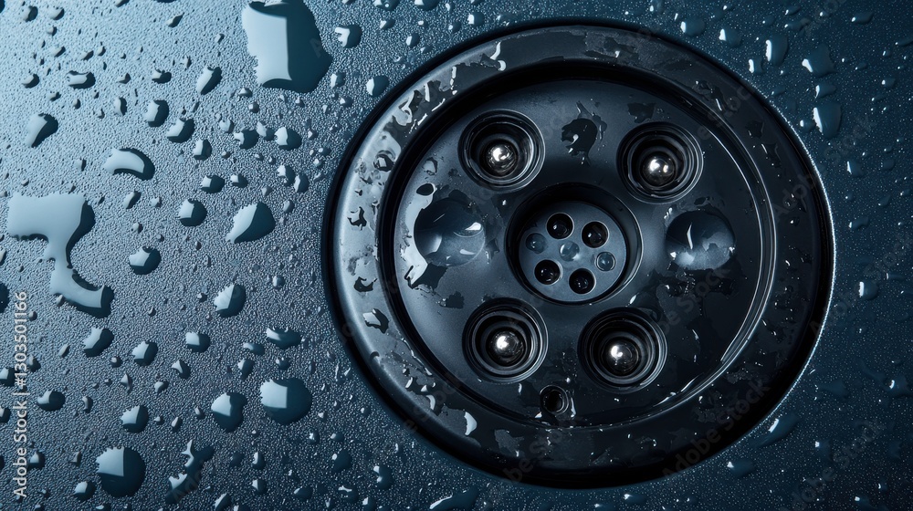 EV Charging Port with Water Droplets and Lights Reflection EV Charging Port with Water Droplets and Lights Reflection