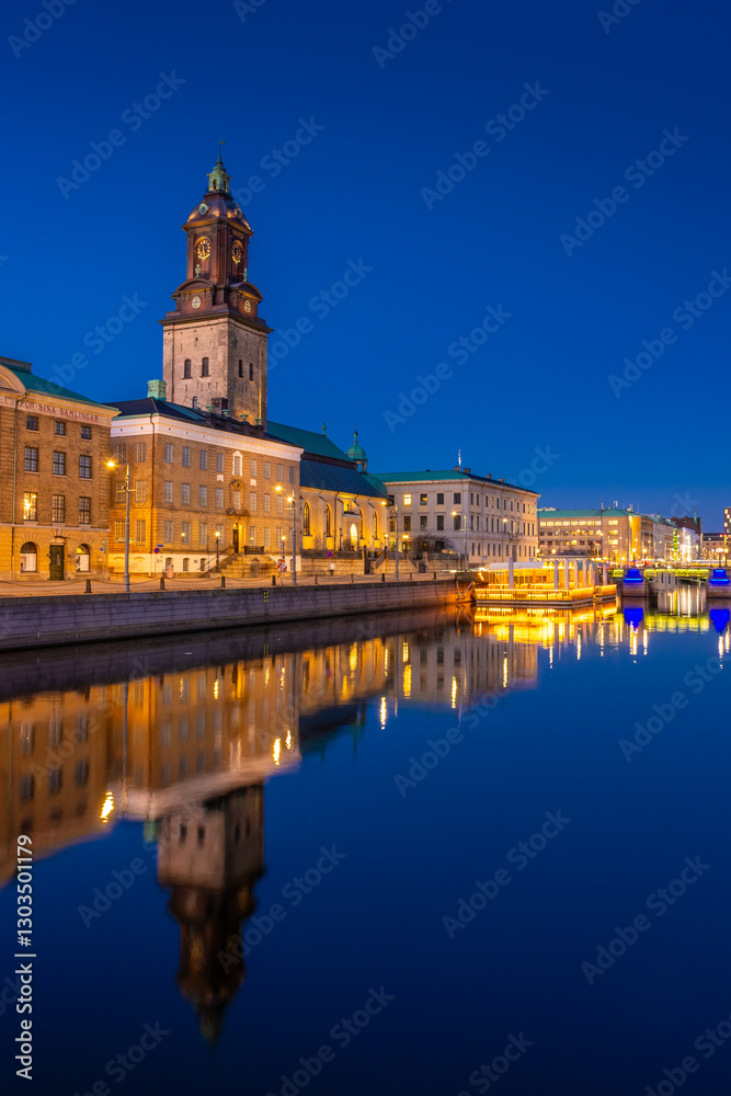 Goteborg, Sweden, Canal in the city center illuminated at night