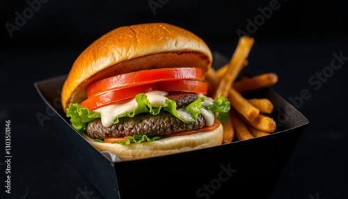 Unique unsettling symbiosis minimalist mutant hybrid haute cuisine Oxtail shrimp cheesesteak sandwich and garlic parmesaen truffle fries in a vantablack takeaway box photo