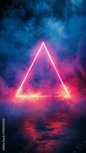 Vibrant Neon Triangle Glowing Through Colorful Smoke During Nighttime Setting