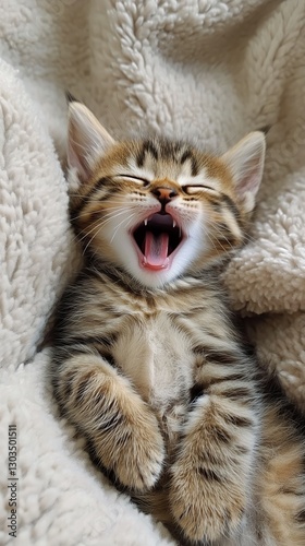 Playful Orange Kitten Yawning Happily While Snuggled in Soft Blanket on a Coz...