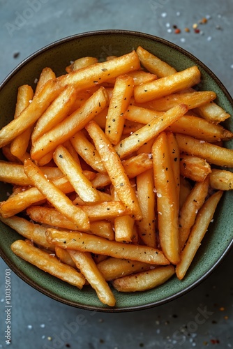 Crispy Golden Fries Served in a Green Bowl at a Casual Dining Setting