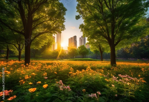 vibrant sunrise casting warm glow over lush urban green spaces highlighting nature amidst cityscape, dawn, morning, colors, sky, clouds, metropolis