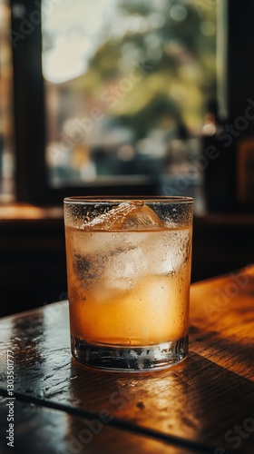 Refreshing Cocktail Served in a Glass With Ice on a Wooden Table in a Cozy Ba...