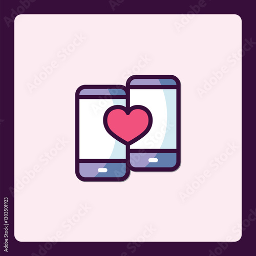 Charming icon depicting digital affection through interconnected smartphones and heart