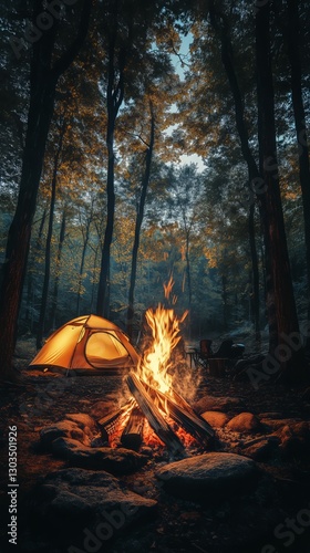 Campfire Warmth in Serene Forest at Twilight, Enjoying Natures Tranquility an...