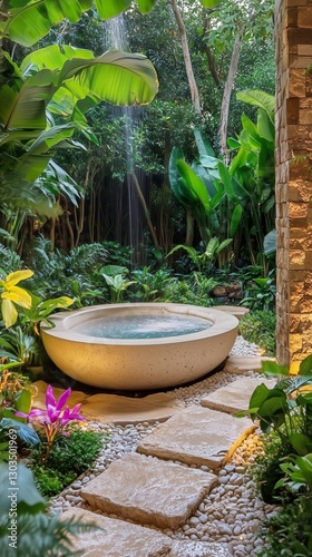 Serene Outdoor Shower Space Surrounded by Lush Greenery at Dusk With Decorati...