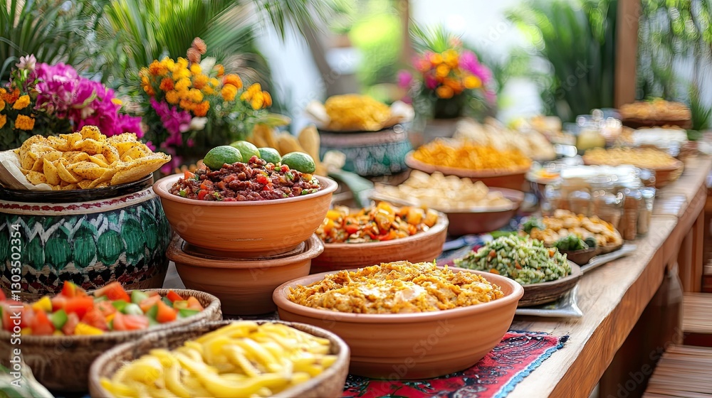 An exquisite array of vibrant dishes beautifully displayed on a wooden table. An exquisite array of vibrant dishes beautifully displayed on a wooden table.