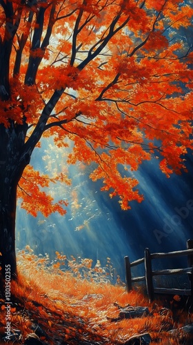 Sunlight Filtering Through Vibrant Orange Leaves in a Serene Forest Setting