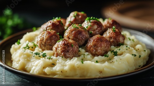 Delicious Meatballs Served on Creamy Mashed Potatoes With Fresh Herbs and Gar...
