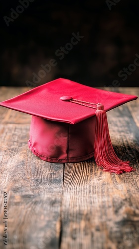 Red Graduation Cap Resting on Wooden Table With Blurred Background