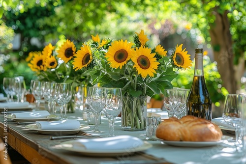 Sunny Outdoor Brunch Setup With Fresh Flowers and Delicious Food