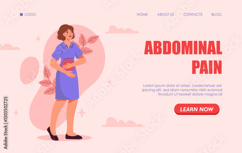 Abdominal pain poster. Woman suffer from pain and stomach ache. Food poisoning process. Diarrhea and indigestion symptom. Landing webpage design. Flat vector illustration