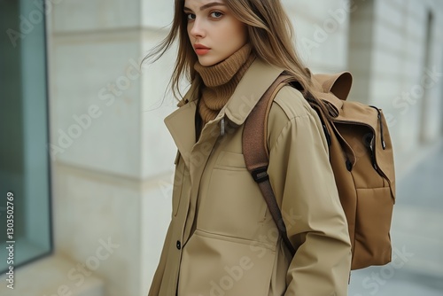 Stylish Woman in Beige Coat and Scarf Against Neutral Background in Urban Set...