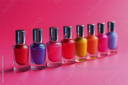 Colorful Array of Nail Polish Bottles Arranged on a Bright Pink Background