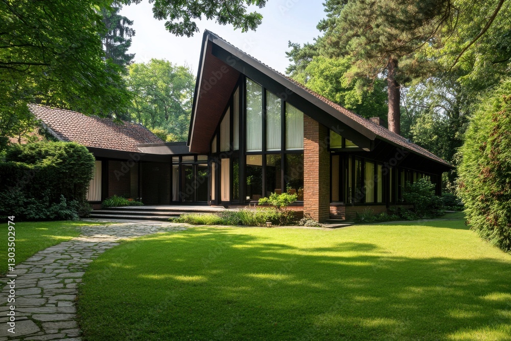 Modern architecture of a sleek house surrounded by lush greenery during a sunny day in a serene neighborhood with well-maintained gardens Modern architecture of a sleek house surrounded by lush greenery during a sunny day in a serene neighborhood with well-maintained gardens