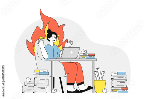 Angry woman at workplace. Young girl in fire sitting with laptop. Frustration and depression. Overworked worker suffers from burnout. Linear vector illustration