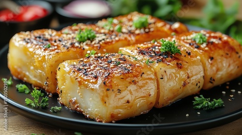 Delicious Savory Rolls Filled With Fresh Vegetables on a Black Plate