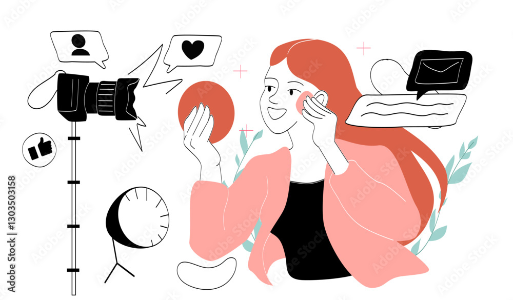 Obraz premium Beauty blogger concept. Woman with powder near camera. Young girl with make up and cosmetics. Popular personality and influencer create interesting content. Linear vector illustration