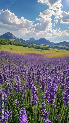 Lavender Field in Full Bloom Under a Bright Blue Sky With Fluffy Clouds in th...