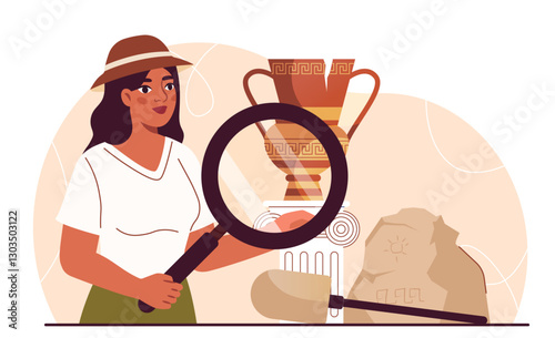 Archaeologist examines vase. Woman with magnifying glass near ceramics vase and stones. Excavation and digging. Fossil and artifact, treasure. Flat vector illustration