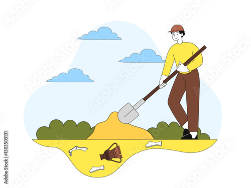 Archaeologist digging ground. Man with shovel digging ground, searching ancient vase. Paleontologist examines bones, artifacts and fossils. Archeology and history. Linear vector illustration