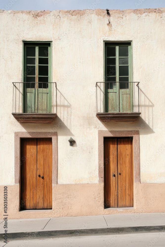 Fototapeta premium Beautiful historic facade featuring two wooden doors and green windows in a traditional building located in a quaint town during midday