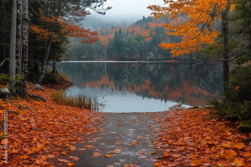 Vibrant Autumn Landscape With Colorful Trees by a Serene Lake and Mountains i...