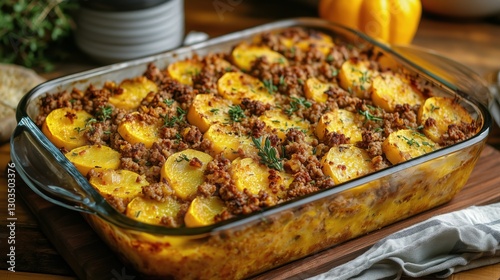 Delicious Baked Casserole With Golden Crust and Savory Ingredients Ready to S...
