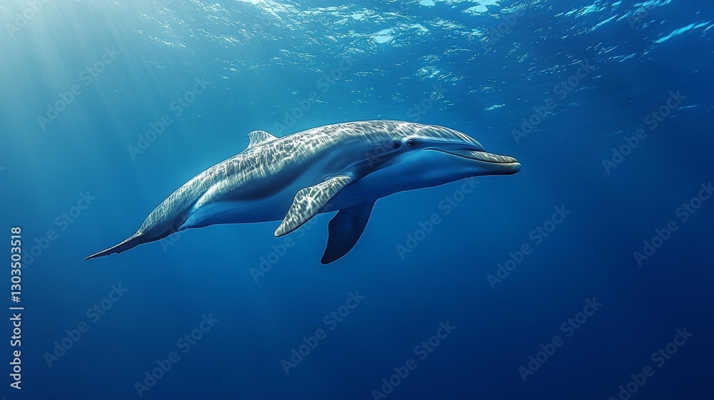 Fototapeta premium A dolphin swimming in the crystal-clear blue water of the ocean surrounded by sunlight and aquatic life. Generative AI