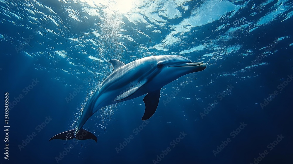 Naklejka premium A dolphin swimming gracefully in the deep blue ocean gliding through sunbeams. Generative AI
