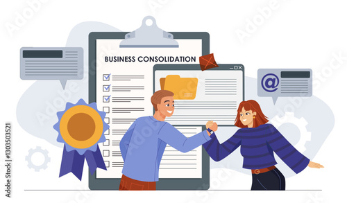 Business consolidation concept. Man and woman shaking hands near contract. Collaboration and cooperation. Businesspeople working on common project. Flat vector illustration
