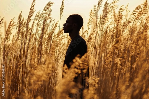 Silhouette of a Man Standing Among Tall Grass During Sunset