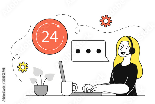 Call center operator. Woman in headset with laptop. Consultation and assistance. Technical customer support and answers to questions. Linear vector illustration