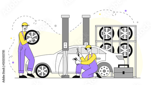 Workers repair car. Men in uniform with automobile and vehicle. Team of repairmen repairing transport. Automobile tuning or modernization. Linear vector illustration