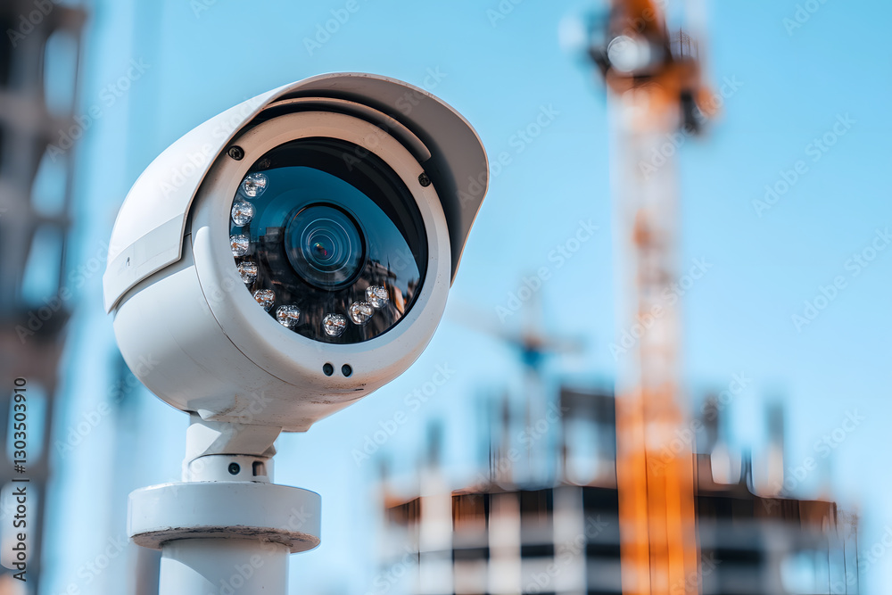 A security camera is positioned in front of a construction site with a crane. Ensuring safety and surveillance, it overlooks ongoing development.