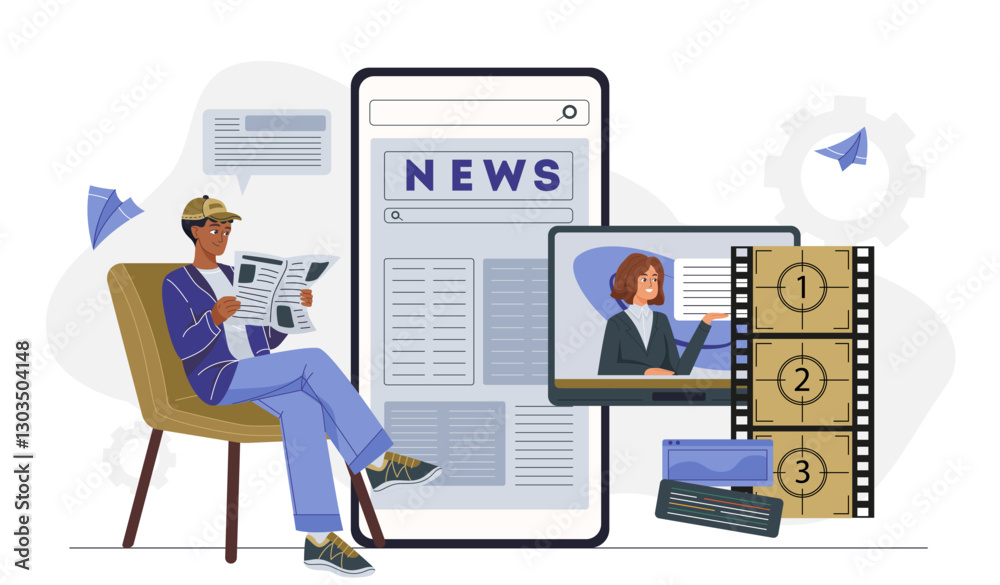 Man watch news. Young guy with newspaper sitting near smartphone with news television show. Mass media and journalism. Information and knowledge on internet. Flat vector illustration Man watch news. Young guy with newspaper sitting near smartphone with news television show. Mass media and journalism. Information and knowledge on internet. Flat vector illustration