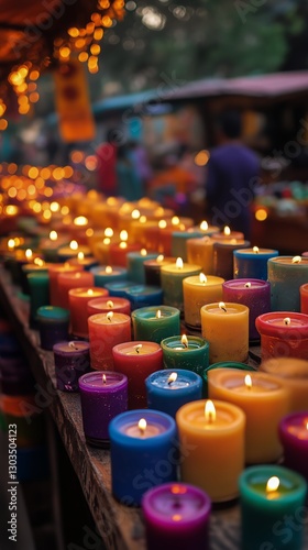 Colorful Candles on Display at a Market Stall During the Evening Hours