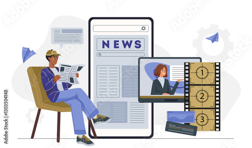 Man watch news. Young guy with newspaper sitting near smartphone with news television show. Mass media and journalism. Information and knowledge on internet. Flat vector illustration