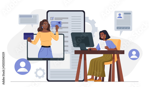 Customer relationship management. Woman communicate with client on internet. Consultation and guide, technical support of users. Business relationship. Flat vector illustration