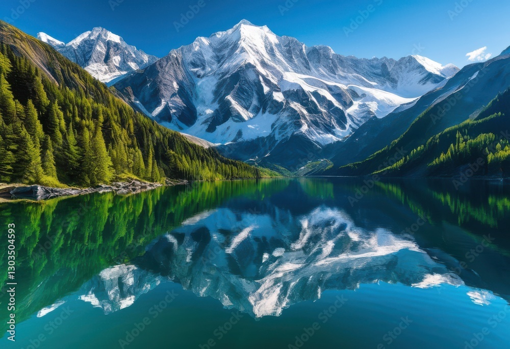 Fototapeta premium majestic snow capped mountain peaks reflected tranquil blue lake under cloudless sky lush green surroundings, summit, reflection, clouds, water, nature