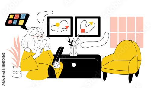 Room decorator woman. Young girl choosing furniture and pictures. Renovation and repair. Remote worker and freelancer. Apartment designer. Linear vector illustration