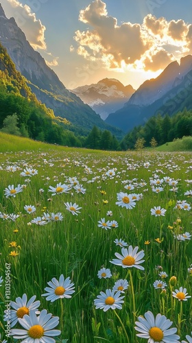 Expansive Meadow With Wildflowers Under a Cloudy Mountain Sky at Sunset