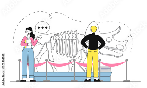 People in dinosaur museum. Man and woman look at dinosaurs skeleton. Tourists and visitors in museum. Cultural hobby and leisure. Jurassic period fossils. Linear vector illustration