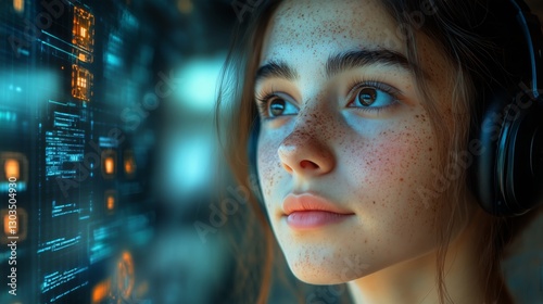 Woman Engages With Virtual Reality Technology in a Modern Environment During ...