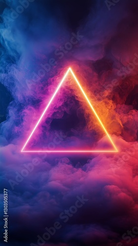 Vibrant Neon Triangle Glowing Through Colorful Smoke During Nighttime Setting