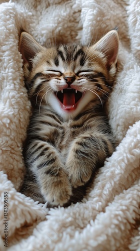 Playful Orange Kitten Yawning Happily While Snuggled in Soft Blanket on a Coz...