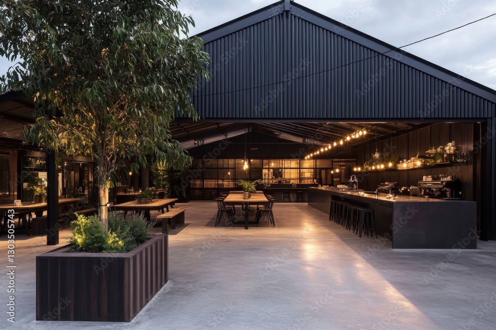 Modern industrial cafe features open layout with warm lighting and natural elements in a spacious urban setting during evening hours Modern industrial cafe features open layout with warm lighting and natural elements in a spacious urban setting during evening hours