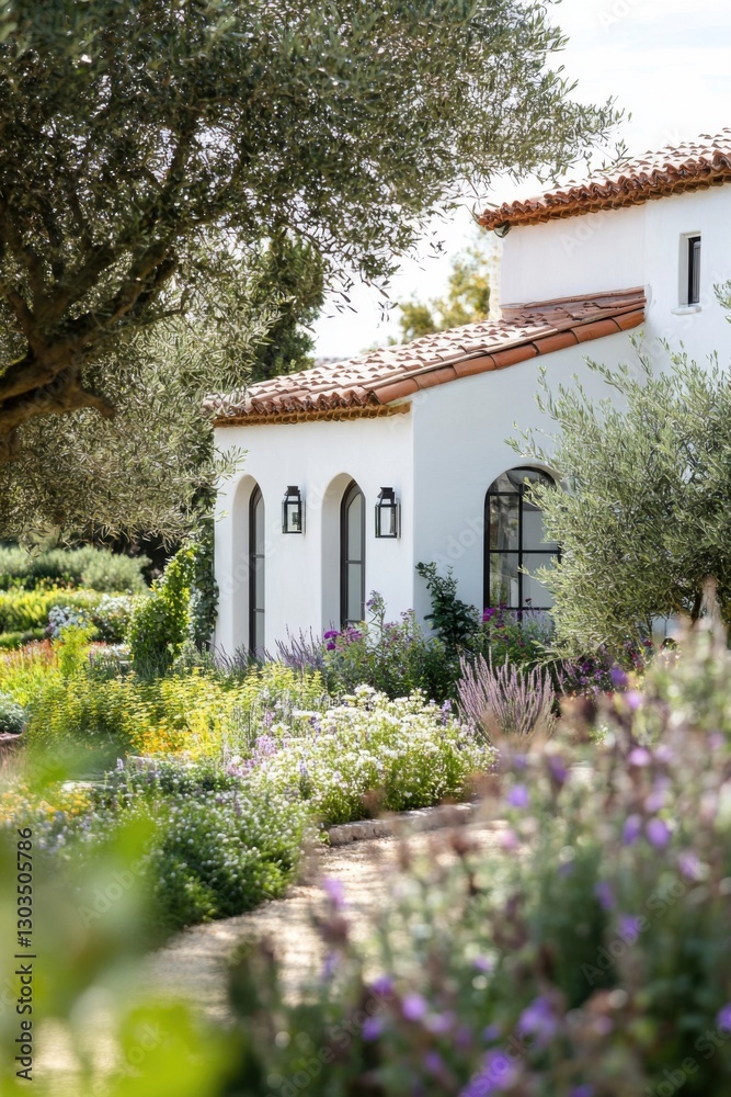 Fototapeta premium Beautiful garden pathway leads to a charming white house surrounded by vibrant flowers and olive trees in a peaceful setting