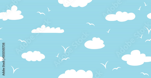 seamless pattern of blue sky with white clouds and seagull silhouettes, vector illustration, template, layout.